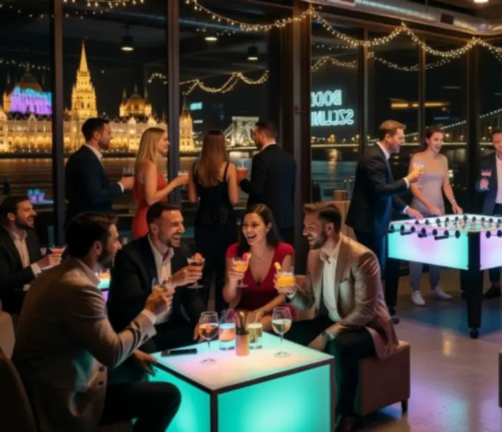 Budapesti születésnapi party neon fényekkel, elegáns asztalokkal és ünneplő társasággal