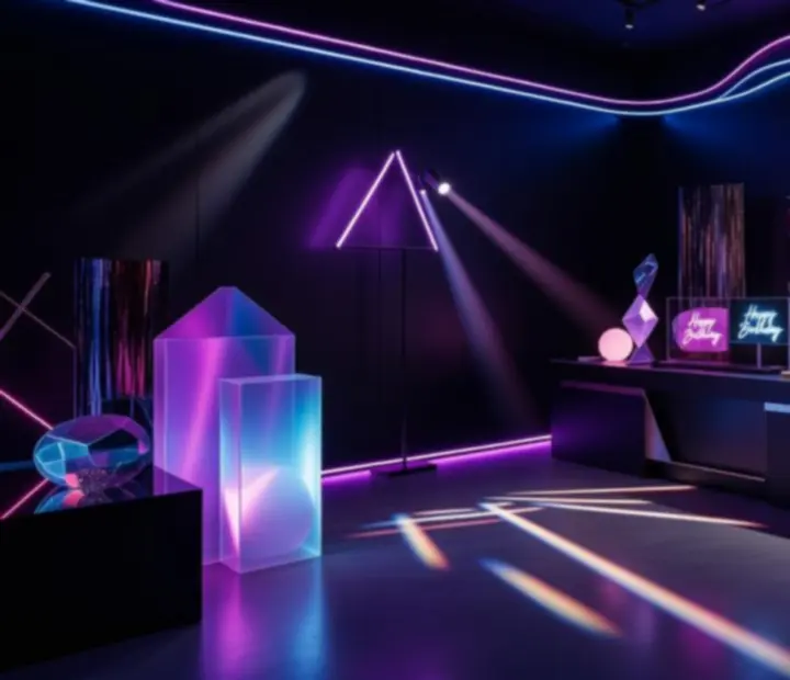 Neon fényekkel megvilágított budapesti születésnapi esemény dekorációja