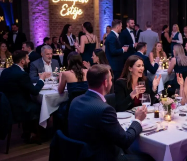 Valódi budapesti rendezvényhelyszín éjjel, elegáns vacsoraasztalokkal és neon lámpafénnyel.