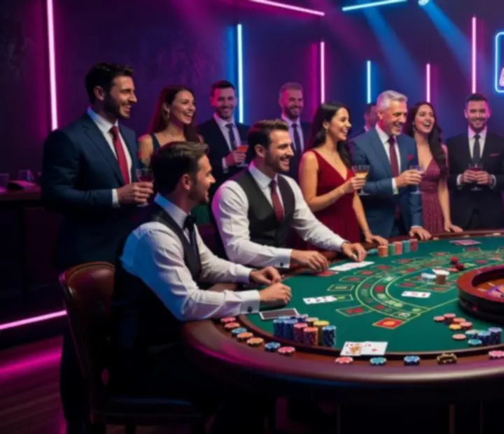 Offline kaszinószalon pókerasztalokkal, rulett- és blackjack zónával neonfényben
