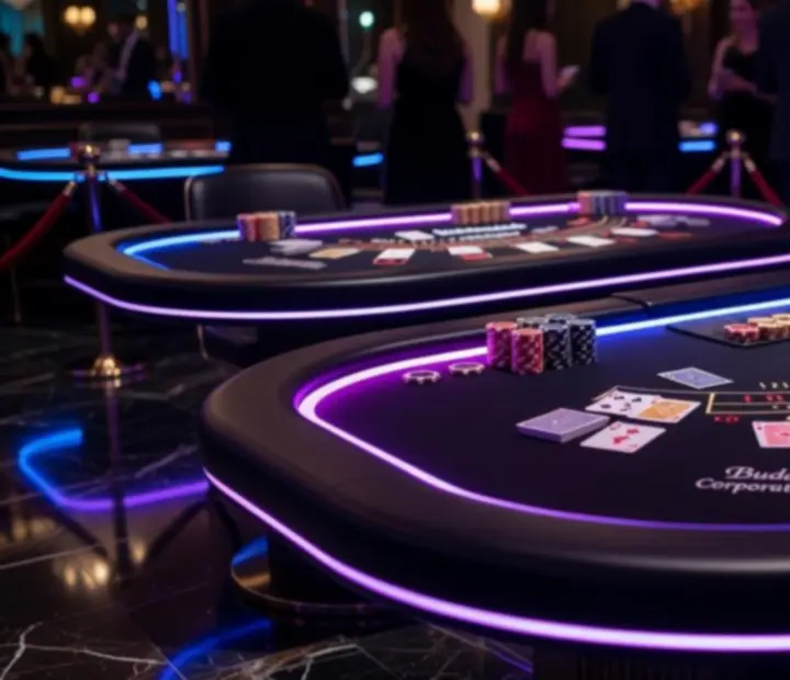 Elegáns kaszinóasztalok, pókerasztalok, rulett és blackjack kártyák corporate rendezvényen.