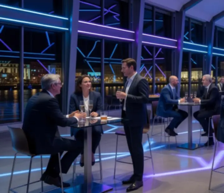 Budapesti céges rendezvény modern, neon megvilágítású térben, elegáns belsővel és vendégekkel.