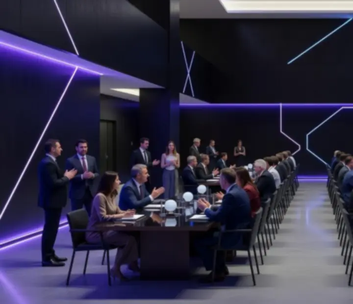 Modern, architekturális budapesti céges rendezvény elegáns asztalképzéssel és kiemelt világítással.