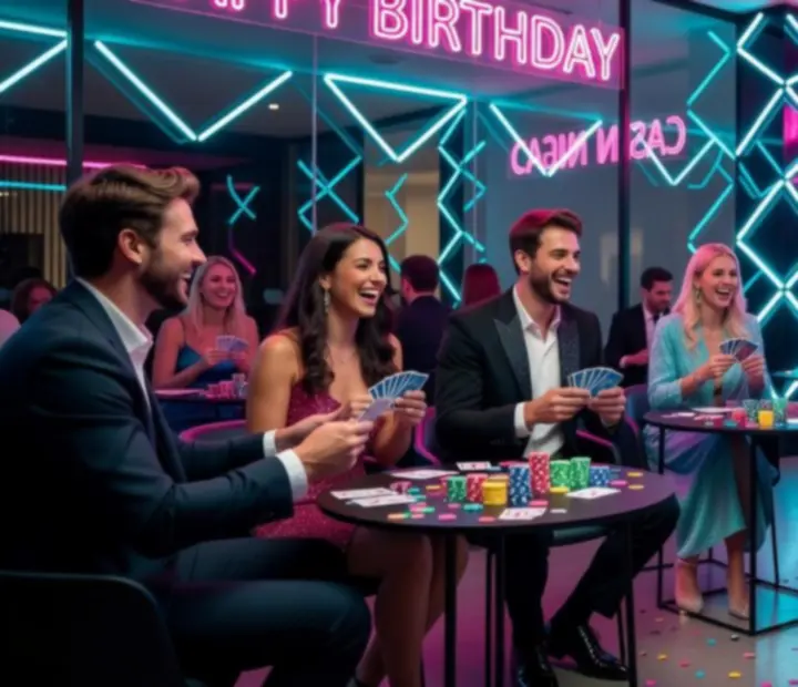 Energetikus születésnapi kaszinóparty színes fényekkel, kártyázó vendégekkel és zsetonokkal.
