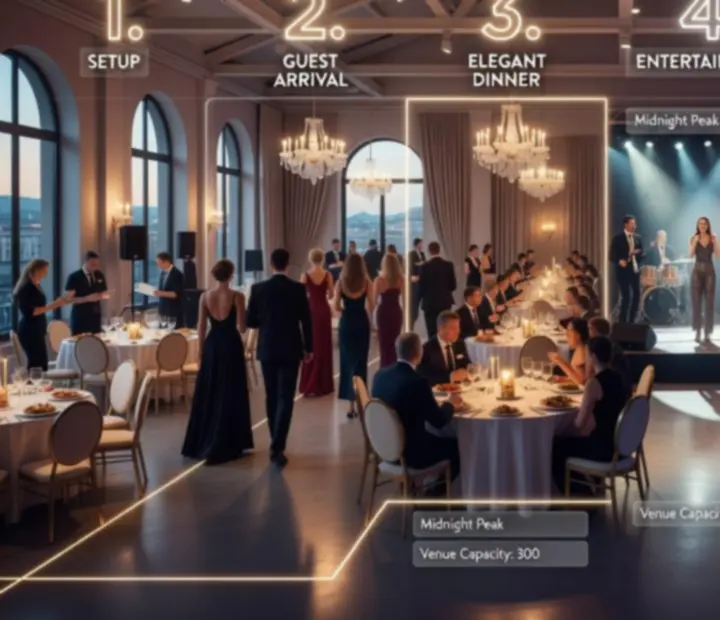 Infografikai ábra egy neon noir rendezvényéjszaka idővonaláról, setup-tól a késő esti hangulatig.