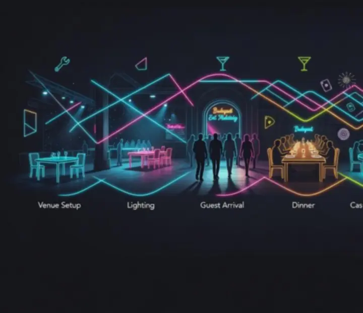 Infografika, amely egy születésnapi Neon Noir esemény idővonalát mutatja be