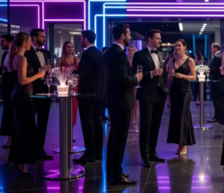 Vendégek érkeznek egy neonfényes budapesti rendezvényhelyszínre