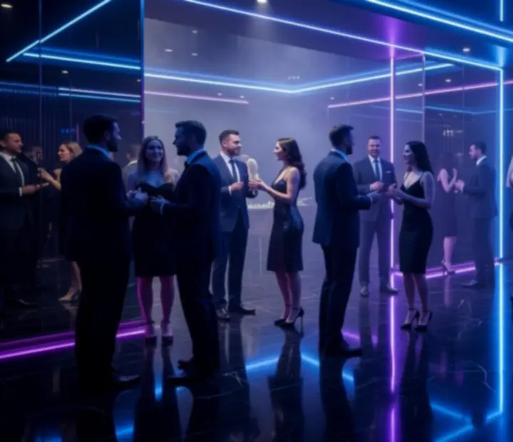 Late-night party hangulat neonfényekkel egy budapesti rendezvényhelyszínen