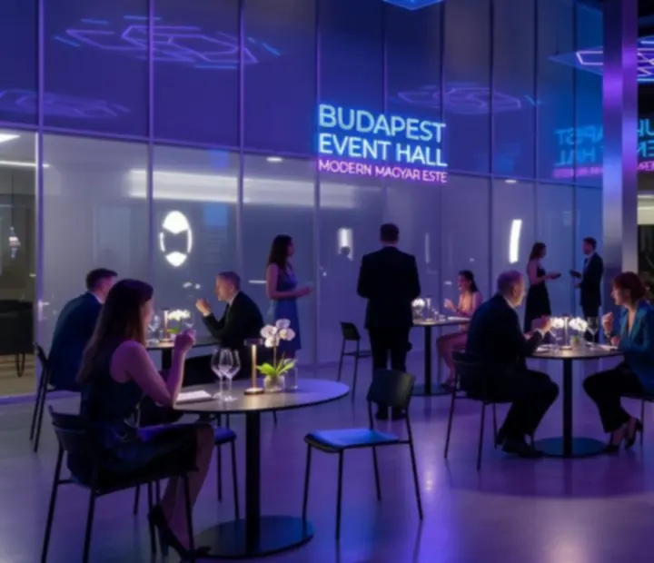 Modern, neon megvilágítású budapesti rendezvényterem kaszinóhangulattal és elegáns esemény-elrendezéssel.