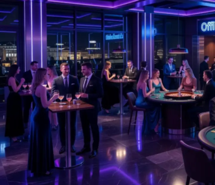 Neon noir rendezvényéjszaka Budapesten, lila és kék fényben, offline kaszinósarokkal és vendégekkel elegáns asztaloknál.