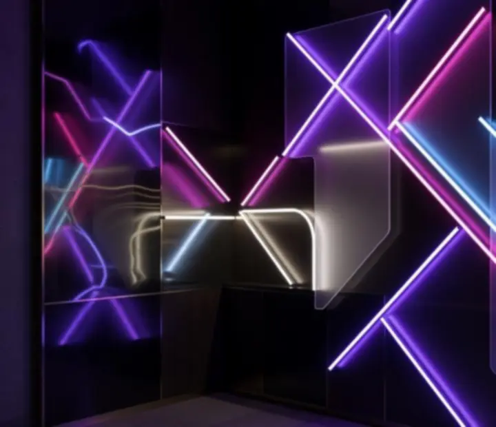 Neon fénytechnika és dekoráció modern geometrikus fénygrafikával és sötét klubhangulattal.