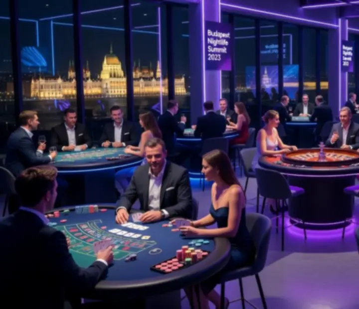 Neonfényes budapesti rendezvényhelyszín offline kaszinóasztalokkal, póker, rulett és blackjack asztalokkal.
