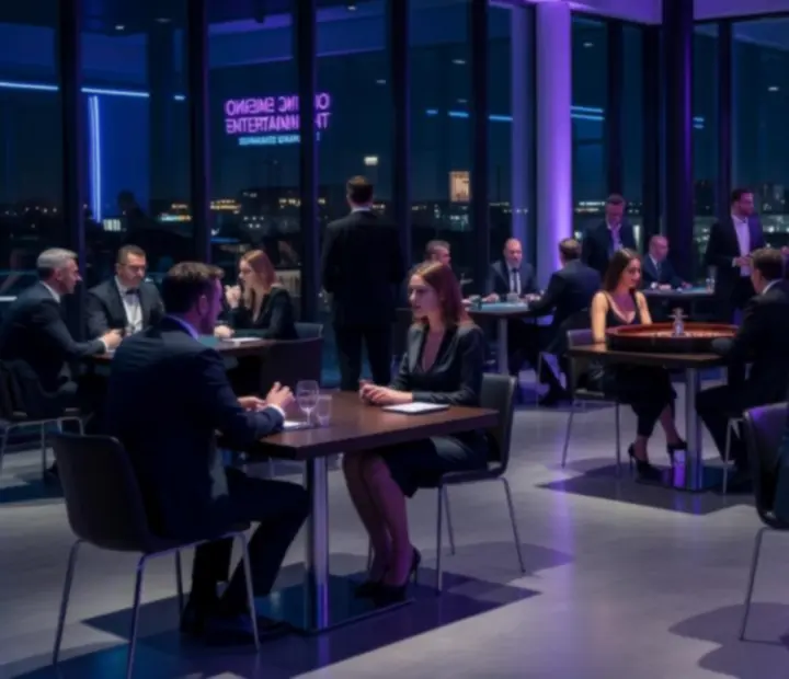 Neon noir budapesti rendezvényhelyszín ibolya- és kékfényben, vendégek elegáns asztaloknál, látványos offline kaszinózónával pókerasztalokkal, rulettel, blackjackkel és zsetonokkal.