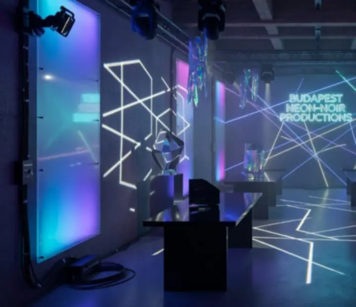 Neon noir fénytechnika, glowing szegélyek és geometrikus fényfoltok kaszinóasztalok körül.