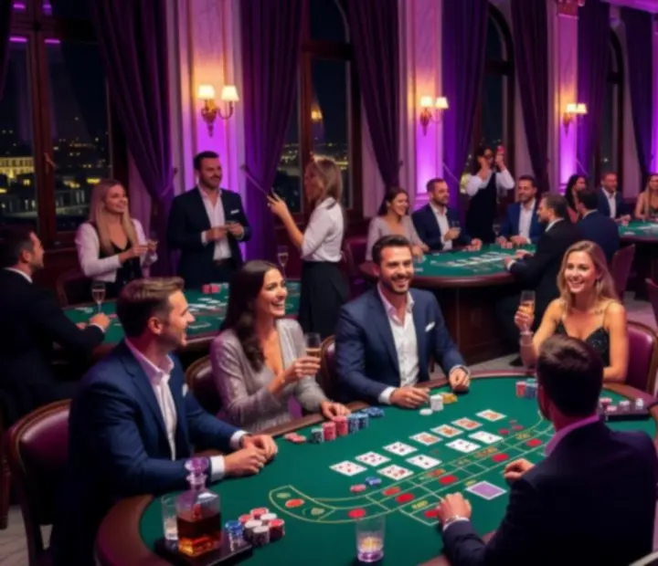 Offline kaszinóhangulatú rendezvény pókerasztalokkal, rulettkerékkel, blackjack asztallal és neon fényekkel Budapesten.