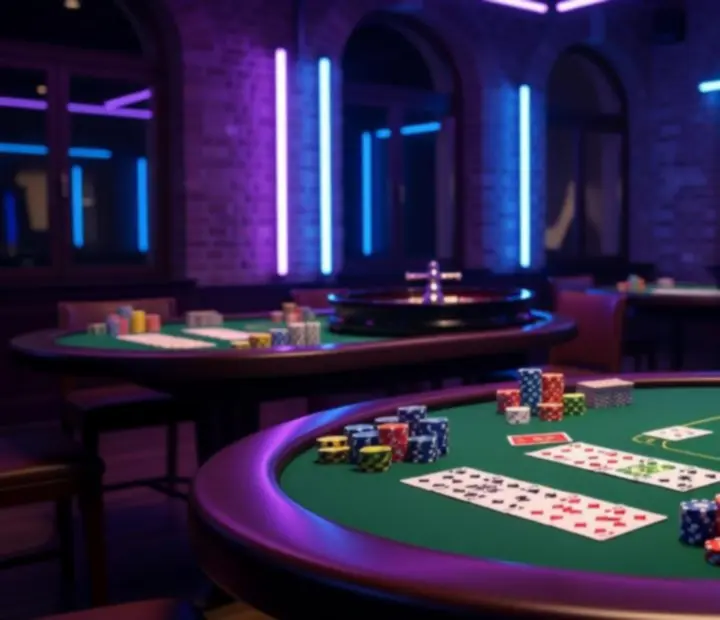 Offline kaszinó setup rendezvényen: pókerasztalok, rulett, blackjack és zsetonok neon fényben.