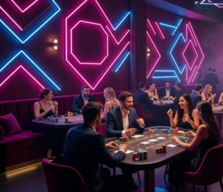 Privát neonfényes kaszinóparty baráti társasággal és elegáns asztalokkal.