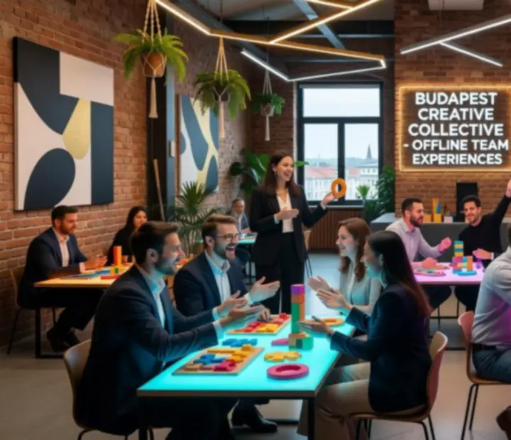 Budapesti modern belső térben zajló energikus csapatépítő rendezvény neonfényekkel.