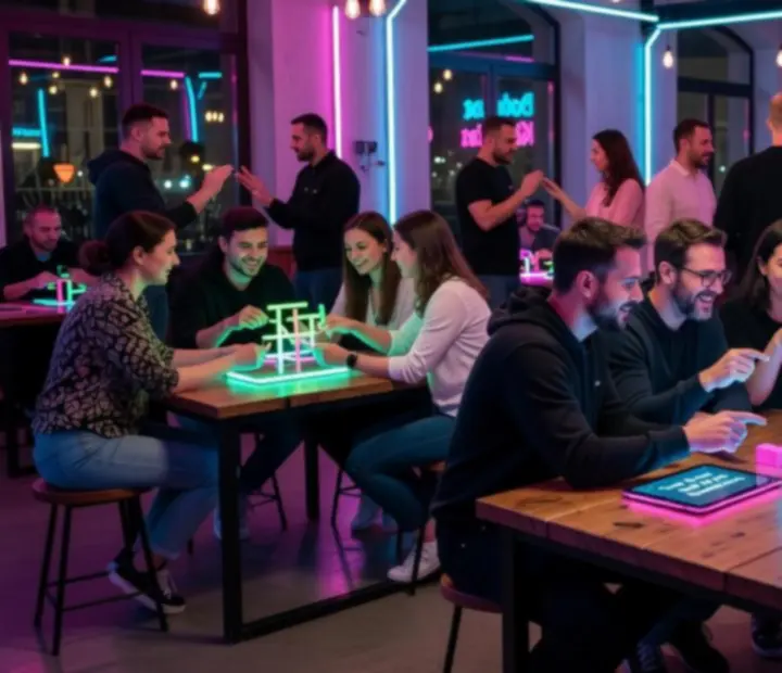 Csapatépítő este neon fényben, közös játék az asztalok körül, energikus budapesti hangulatban.